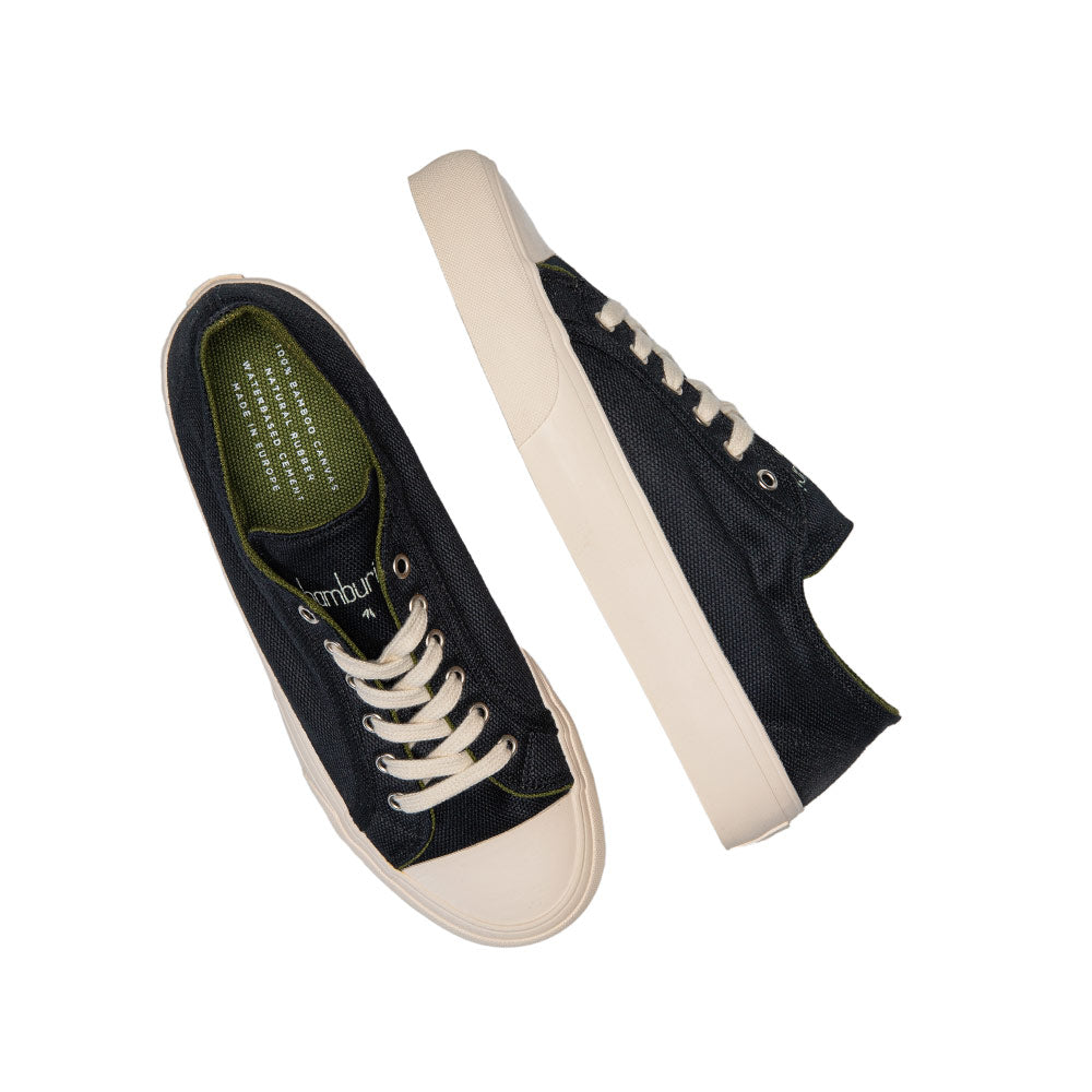 Overhead view of Bamburista Low Top GrassHopper Corvino Black sneakers for men, emphasizing the eco-friendly bamboo fiber textile and sustainable materials.