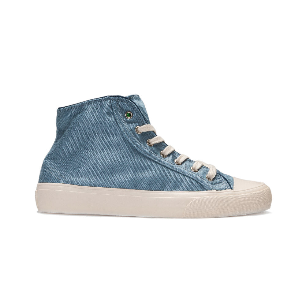 Side view of a Bamburista GrassHopper Kawasemo Denim sneaker for men, showcasing its sustainable bamboo textile upper and natural rubber sole.