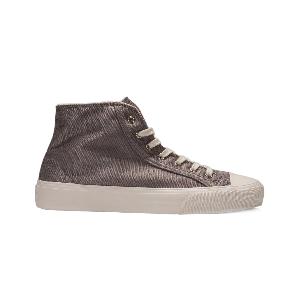 Side view of Bamburista GrassHopper Grey high-top sneaker for men. The shoe features a sustainable bamboo textile upper and a white rubber sole.