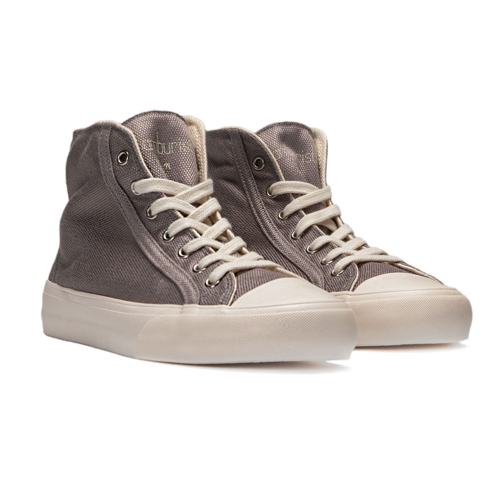 Pair of Bamburista GrassHopper Grey high-top sneakers displayed at an angle. These sustainable shoes are crafted from bamboo fiber textile with white laces.