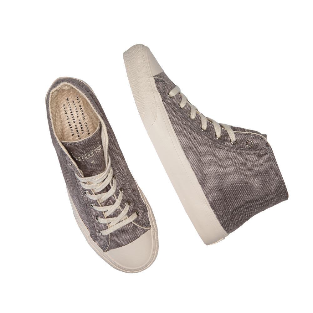 Top view of Bamburista GrassHopper Grey high-top sneakers laid out side by side, highlighting the bamboo textile and sustainable design.