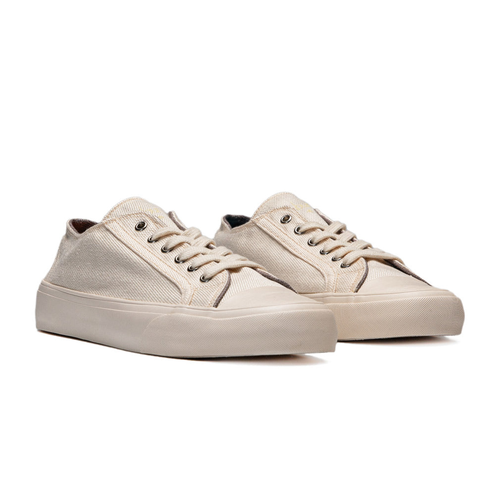 Front angle of Bamburista Low Top GrassHopper White Sand sneakers. These sustainable shoes feature a minimalist design with beige laces and bamboo textile, ideal for everyday wear.