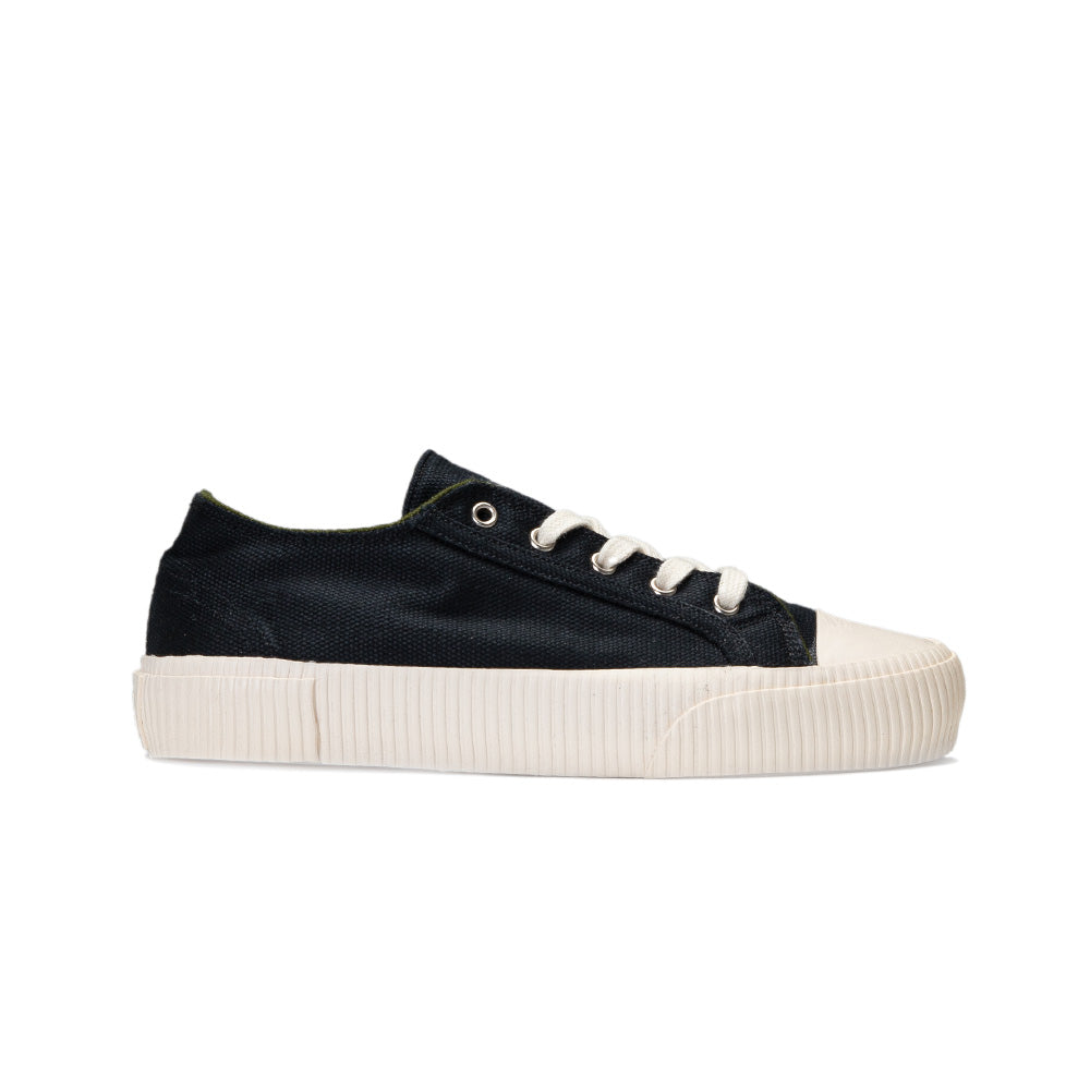 Side View of Black Sneaker: A sleek black Bamburista sneaker with a white sole, made from bamboo textile. This sustainable shoe design features white laces and is perfect for eco-conscious fashion.