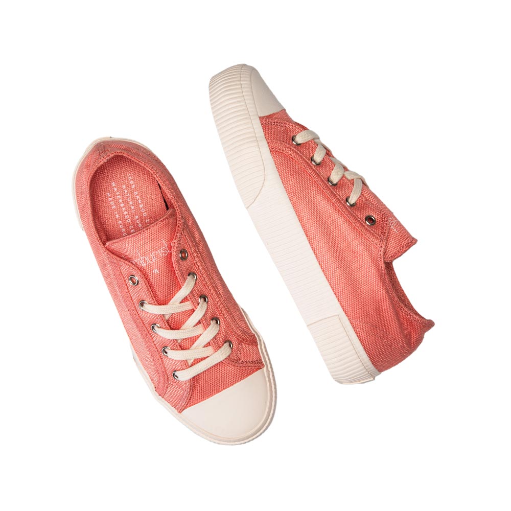 Top view of a pair of Bamburista Flamingo sneakers for women, showcasing the bamboo textile material and white rubber soles, placed in a cross position.