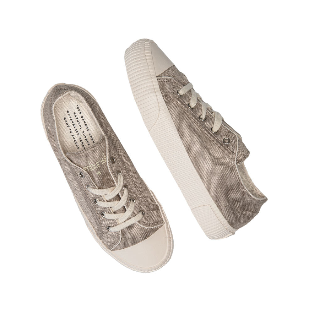 Bamburista Grey Sneakers Top View: A top view of the Bamburista Grey sneakers for women, laid flat to show off their sustainable bamboo fiber textile and eco-friendly design.