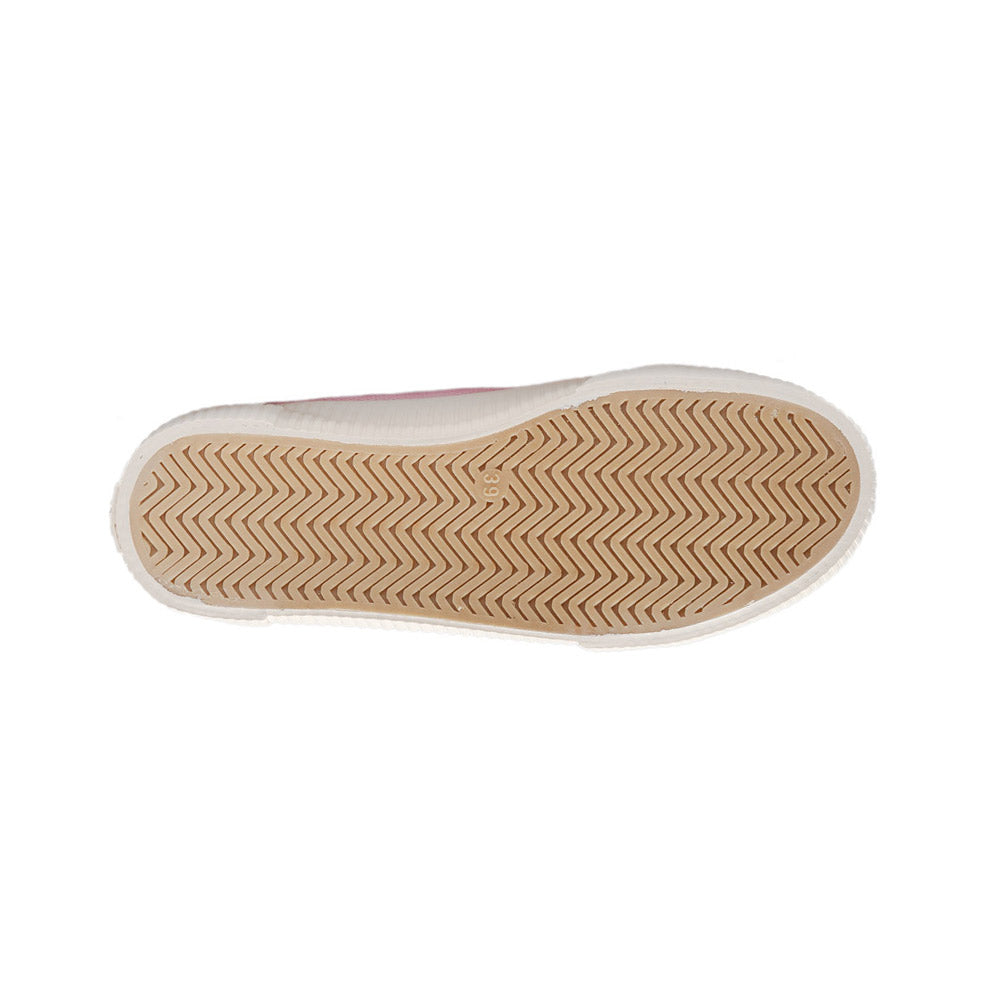 Bottom view of the sole of a pink Bamburista sneaker, highlighting the herringbone pattern. The shoe features a bamboo textile upper.