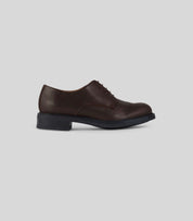 Vegan Derby - Woman brown leather shoe with Blake Construction, suitable for formal and casual occasions.