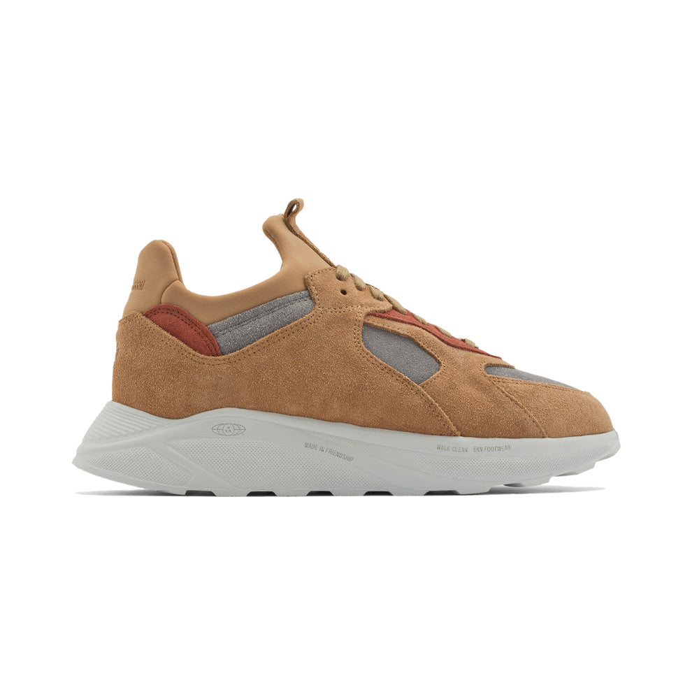 Side view of the ekn Larch Beige Vegan shoe, featuring beige suede and mesh with grey and rust accents, on a white sole. Shoes Sustainable and Sustainable Shoe.