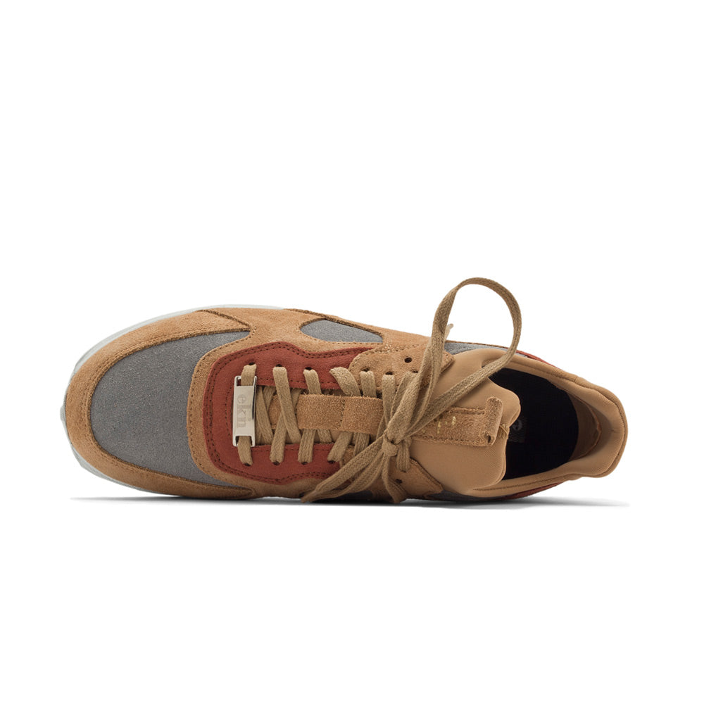 Top-down view of the ekn Larch Beige Vegan shoe, showcasing the lace-up design and the blend of beige, grey, and rust colors. Shoes Sustainable and Sustainable Shoe.