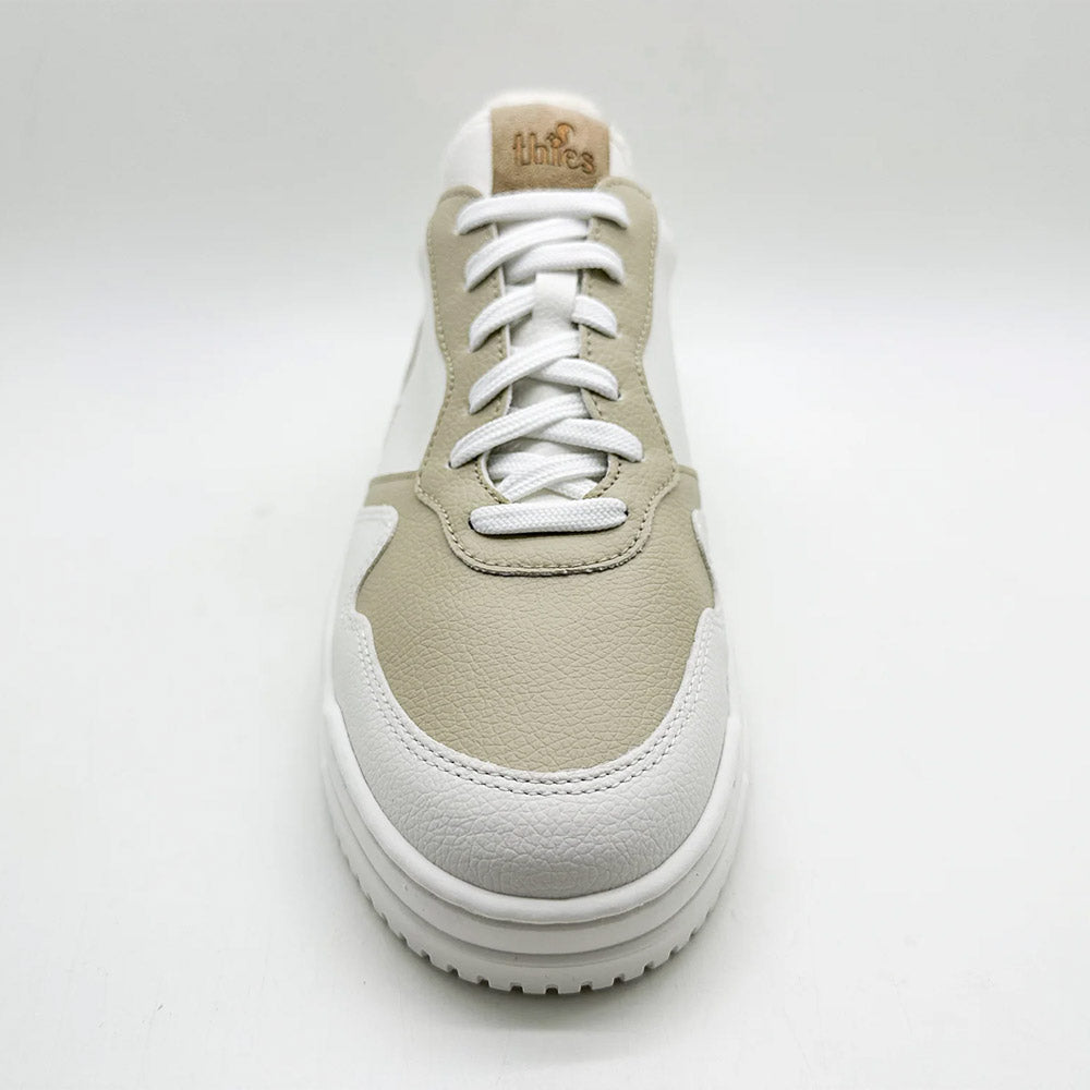 Top-down view of Thies Eco Cup White flash for women - sustainable vegan shoes, focusing on the laces and tongue branding.