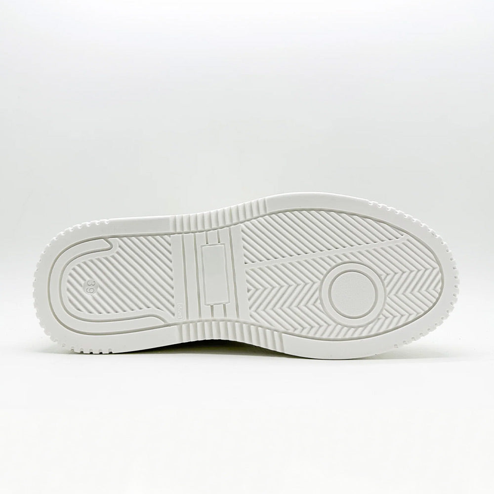 Sole view of Thies Eco Cup White for women - sustainable vegan shoes, detailing the tread pattern for better grip and stability.