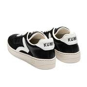 Back view of the Kumi black recycled material sneakers, showing the 'Kumi' branding on the heel and white accents.