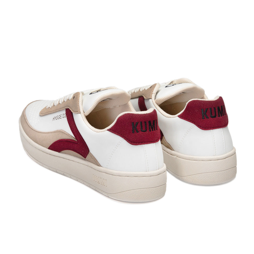 Back view of the Kumi Bordeaux recycled material sneakers, showing the 'Kumi' branding on the heel and Bordeaux accents.