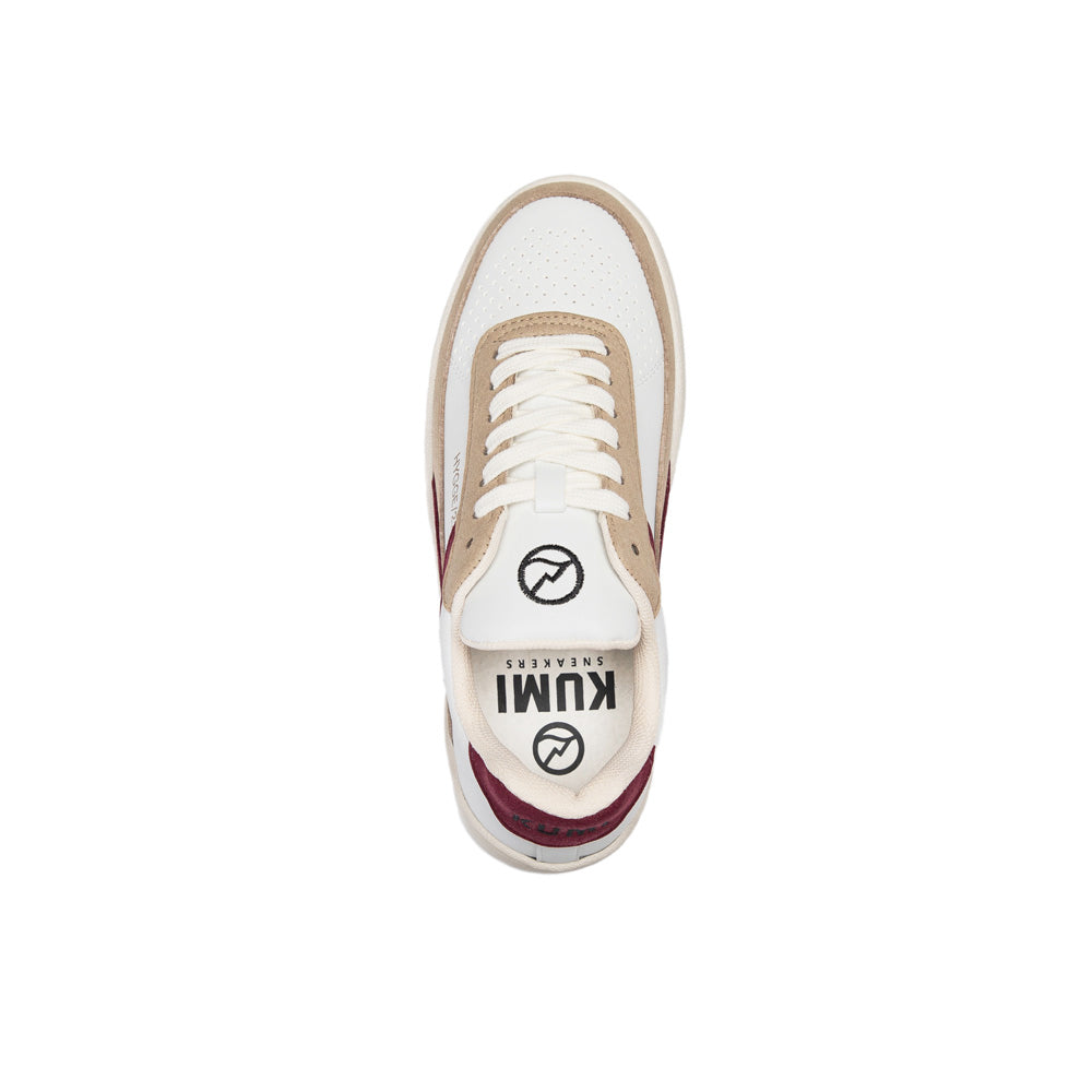 Top view of a Kumi Bordeaux sneaker made from recycled materials, highlighting its perforated toe box, white laces, and 'Kumi' branding on the insole.