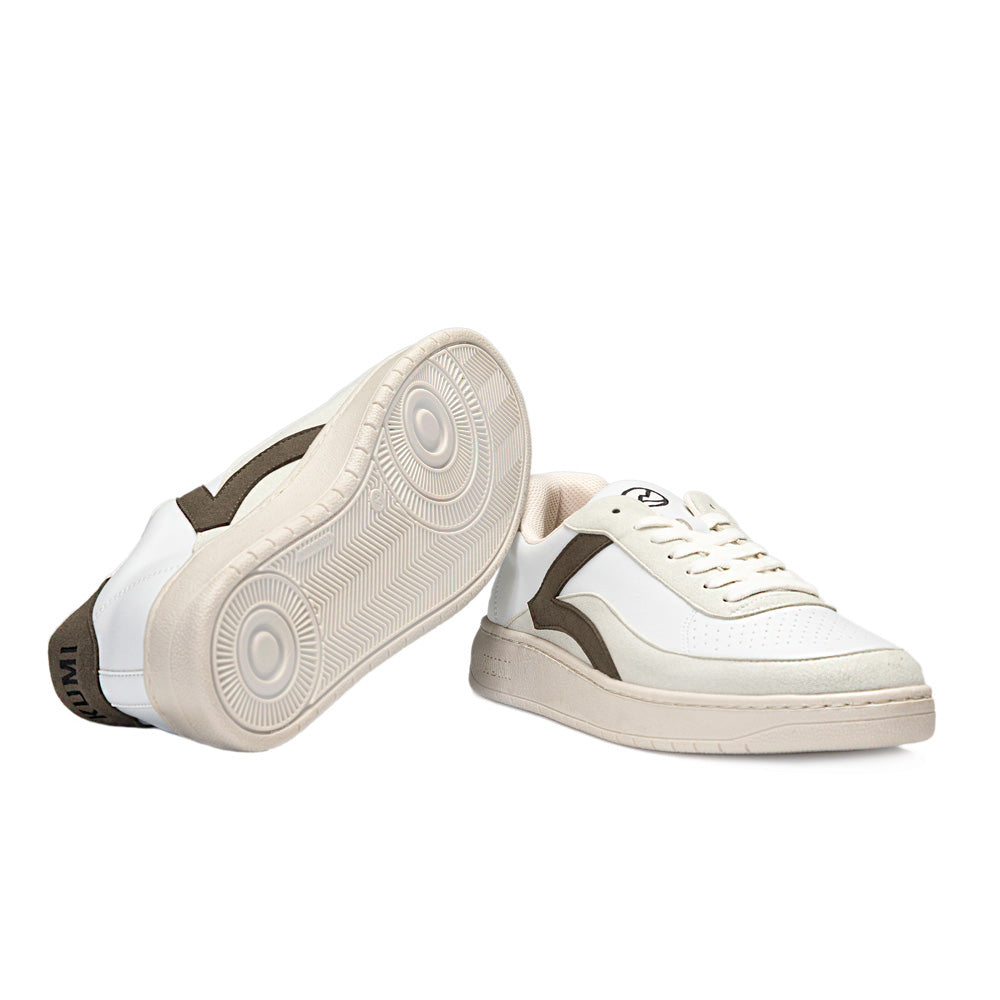 Pair of Kumi Hygge22 Khaki recycled material sneakers, displayed to show the sole pattern and side view.