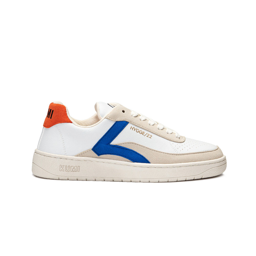 White recycled material shoes by KUMI with blue accents and orange pull tab, Hygge/22 model.