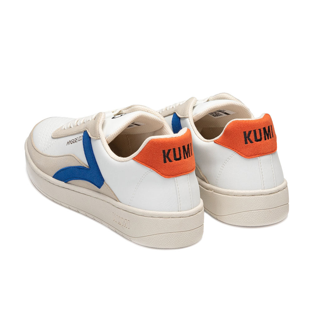 Rear view of KUMI white sneakers with blue graphic details and orange branding, crafted from recycled materials.