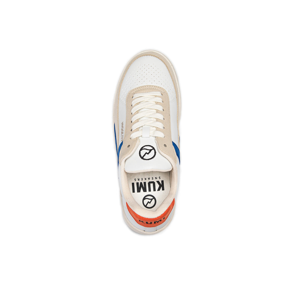 Top view of KUMI Hygge/22 sneakers showing white laces and recycled material construction with blue and orange accents.