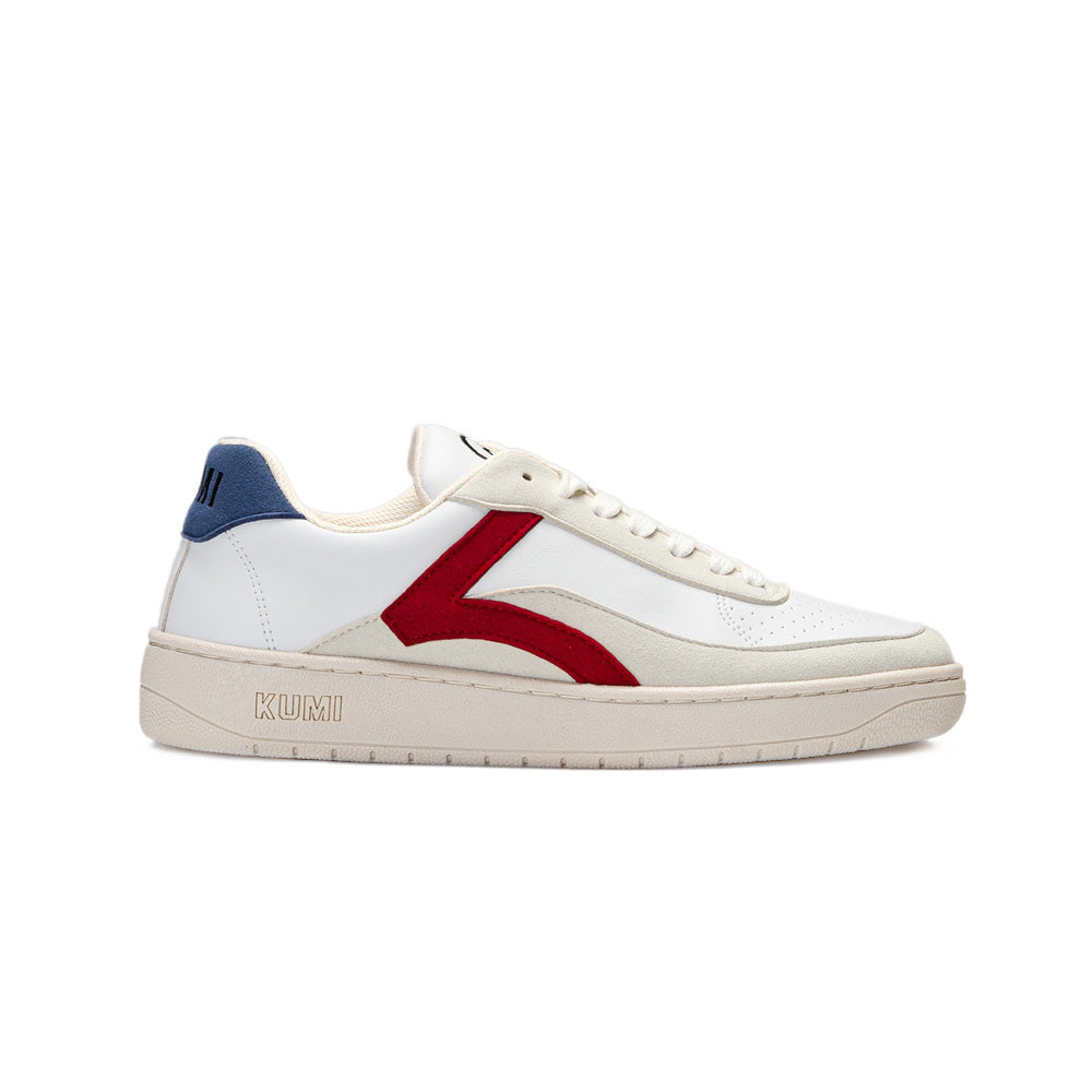 Side view of a single Kumi Hygge 22 sneaker in blue and red, made from recycled materials, highlighting the sleek design.