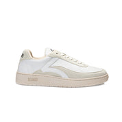 Side view of the Kumi Hygge/22 bone-white recycled material sneaker, highlighting the white upper, beige accents, and 'Kumi' branding on the side.