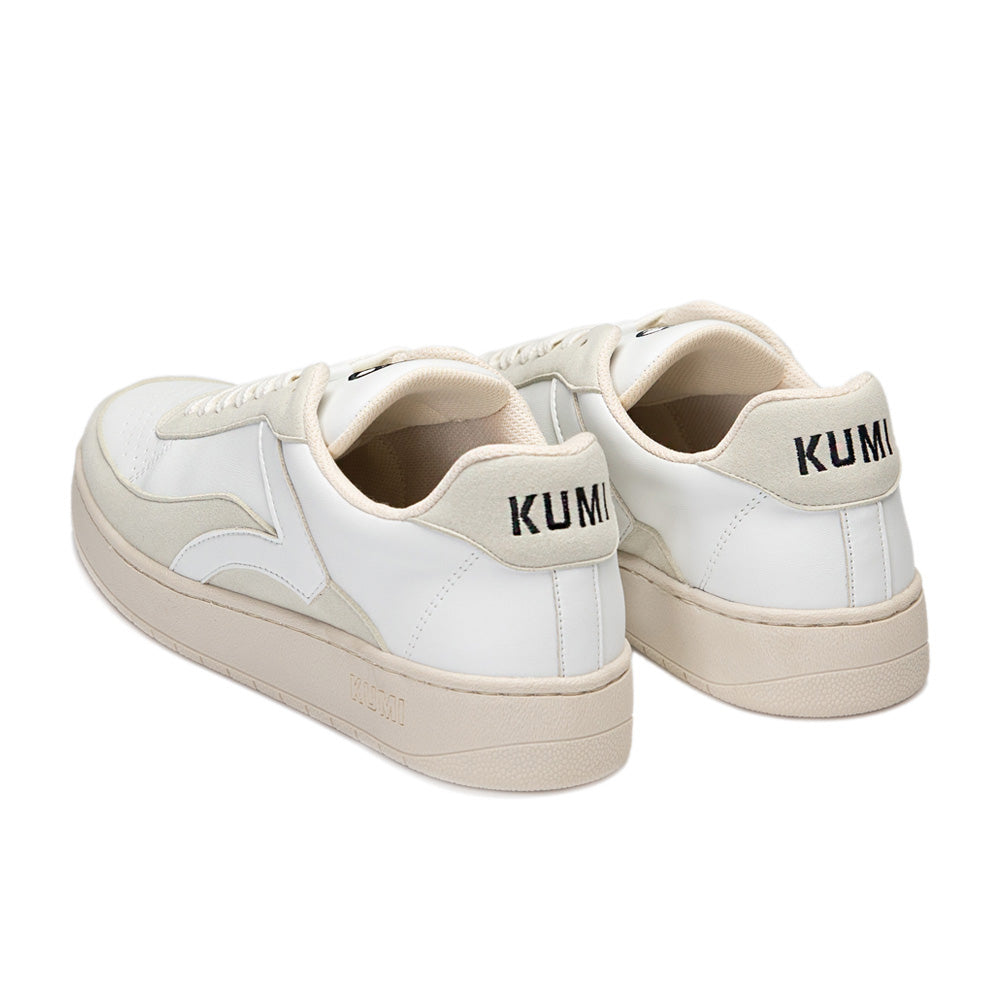 Back view of the Kumi Hygge/22 bone-white recycled material sneakers, showing the 'Kumi' branding on the heel and beige accents.