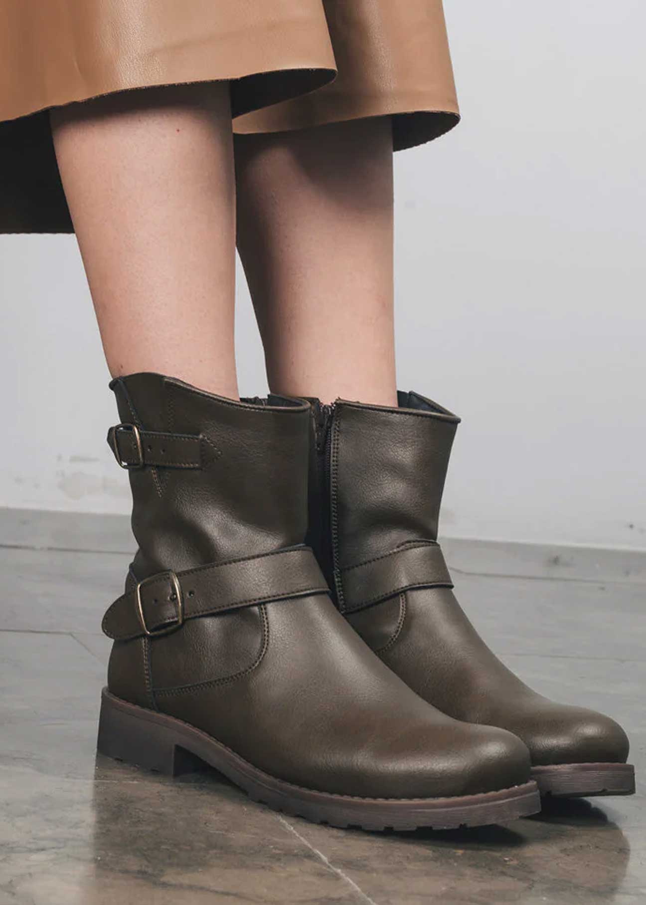 Odet Green/Brown Vegan Biker Ankle Boots - Ecomarket.com