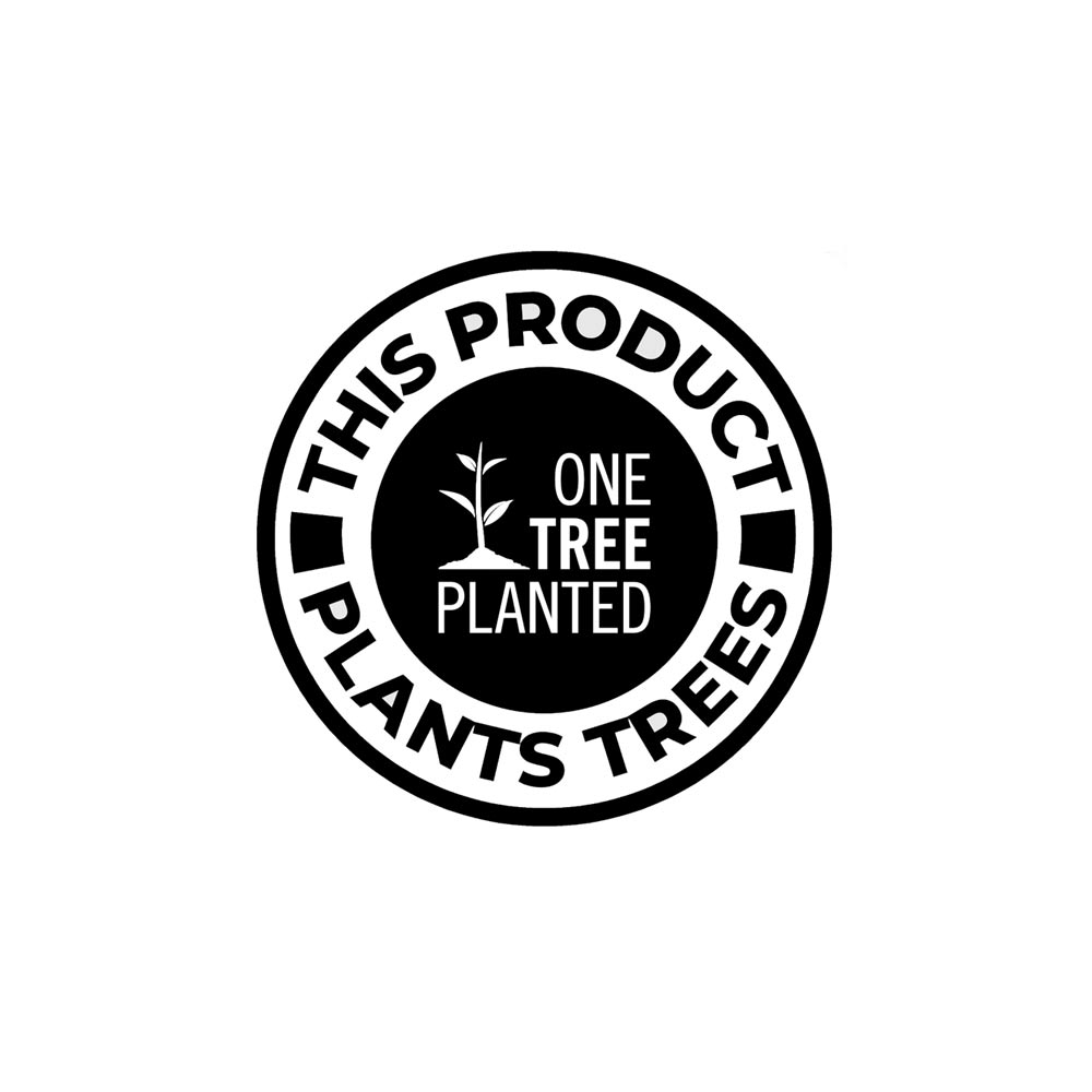 Image showing a circular badge with the text "This Product Plants Trees" around the outer edge. In the center, it reads "One Tree Planted" with a small tree graphic above the text. The badge signifies a commitment to environmental sustainability.