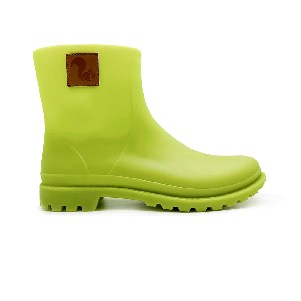 Side view of Thies Bio Rain Boots in Lime green, for women, showcasing the vegan boots' sturdy design.