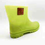 Rear angle of Thies Bio Rain Boots in Lime green, highlighting the vegan boots' durable build.