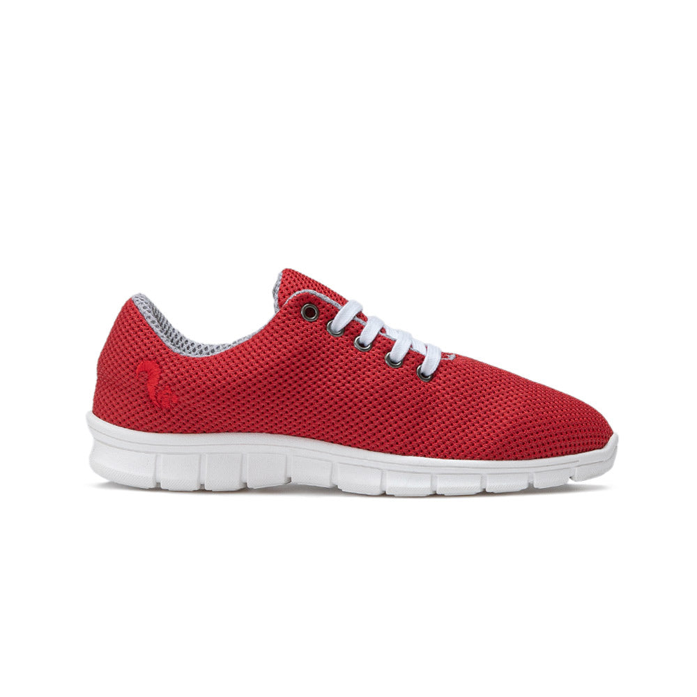 Thies Cornrunner Crimson Red side view. Sustainability shoes. 