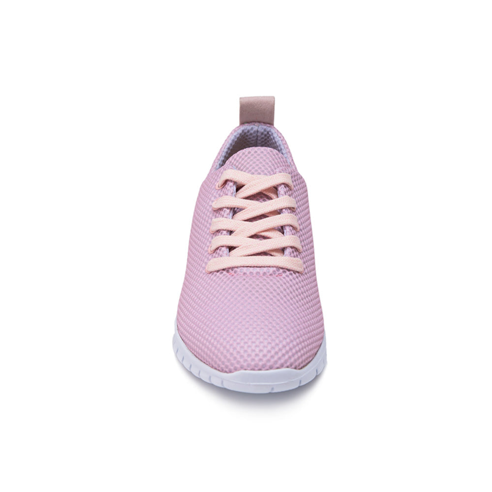 Front view of the pink Thies sustainable sneaker, showcasing its mesh upper and beige laces.