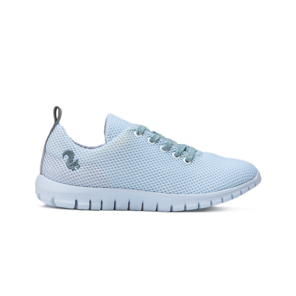 Side view of the sky blue Thies sustainable sneaker, featuring a mesh upper and white flexible sole.