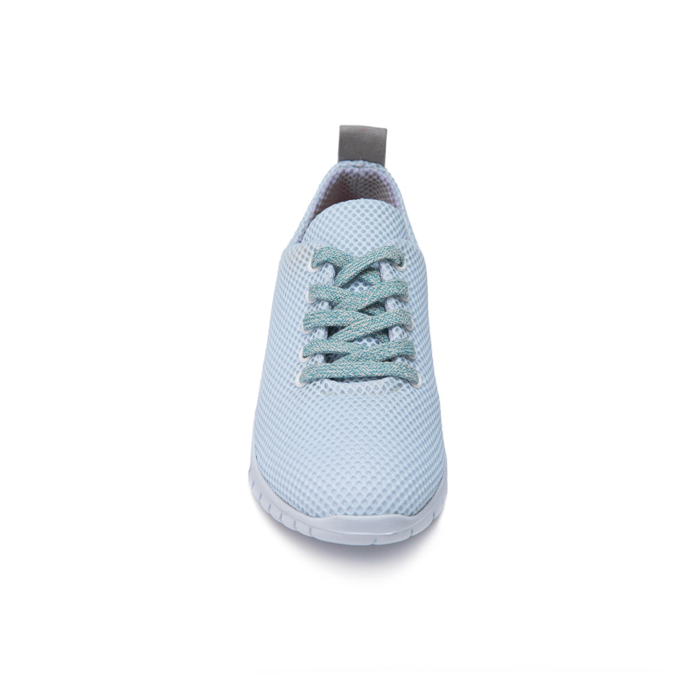 Front view of the sky blue Thies sustainable sneaker, showcasing its mesh upper and green laces.