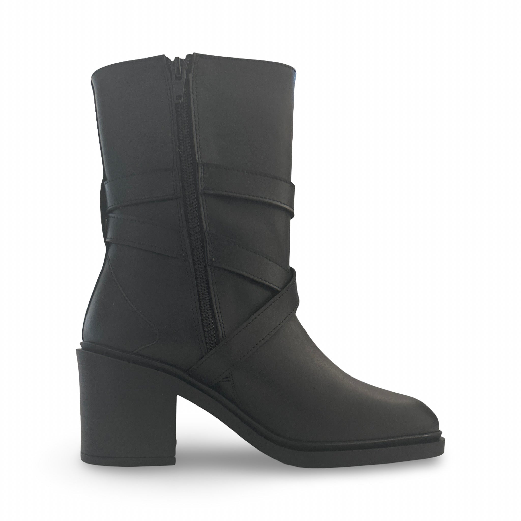 Bottes pour femme mi mollet cuir végan noir talons sangle réglable boucle éclair