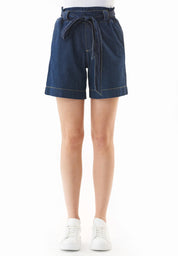Shorts tipo paperbag en denim elástico de algodón orgánico