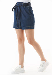 Shorts tipo paperbag en denim elástico de algodón orgánico